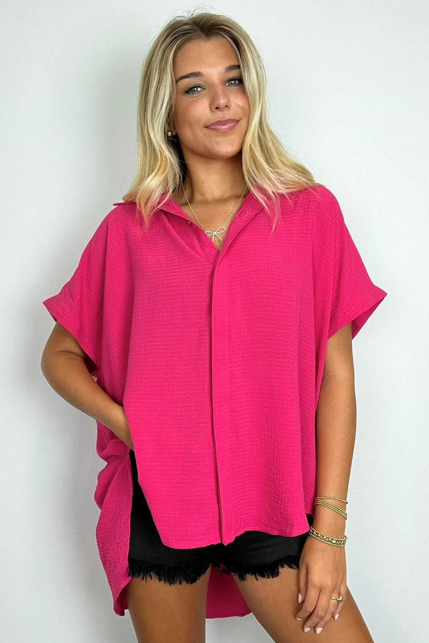 Soliene Textured Short Sleeve Button Down Top