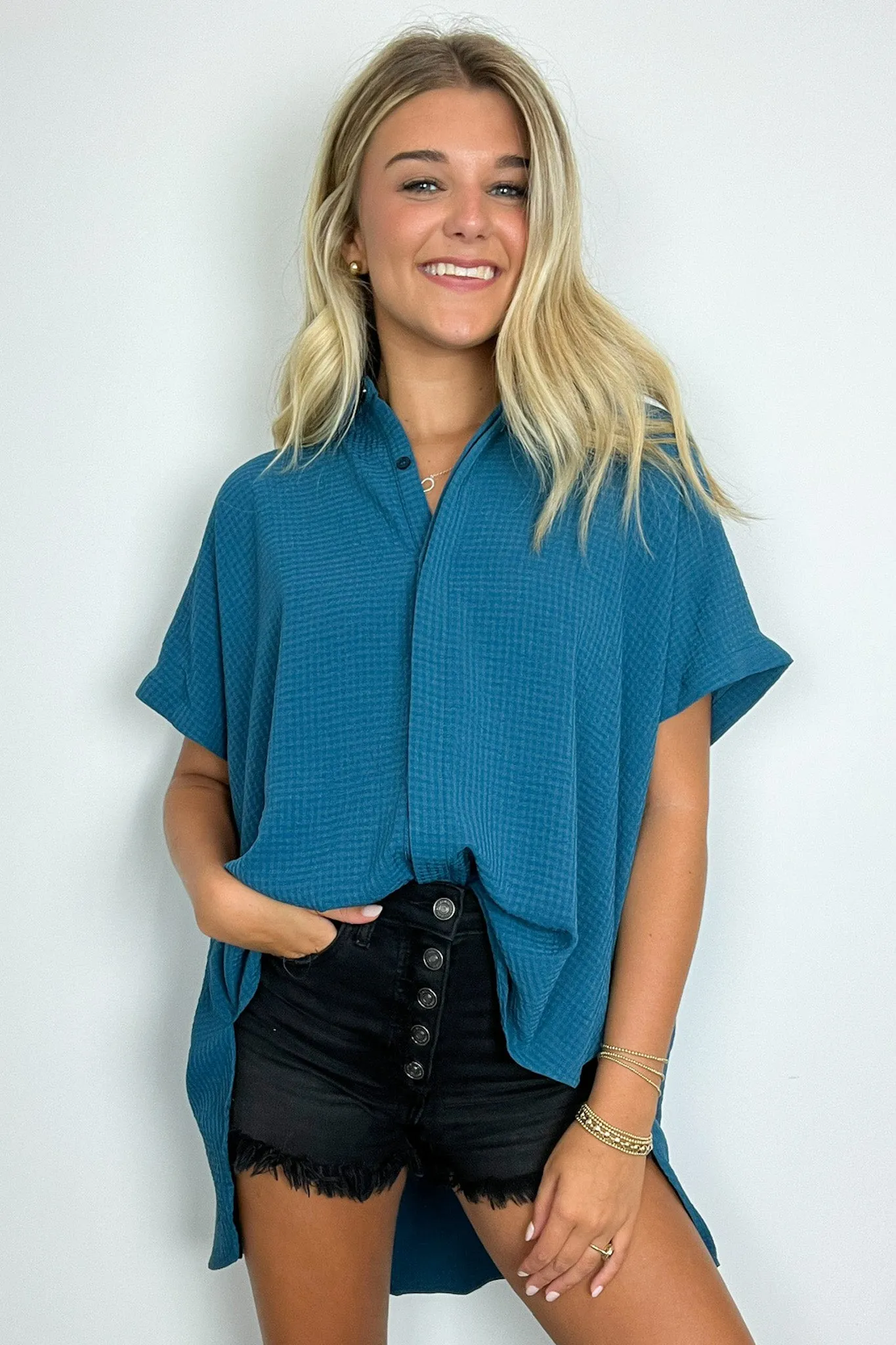 Soliene Textured Short Sleeve Button Down Top