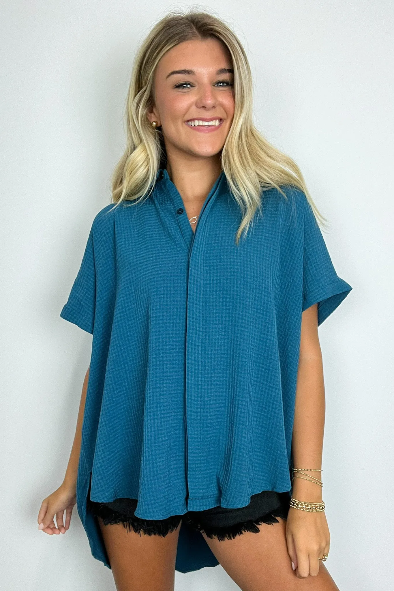 Soliene Textured Short Sleeve Button Down Top