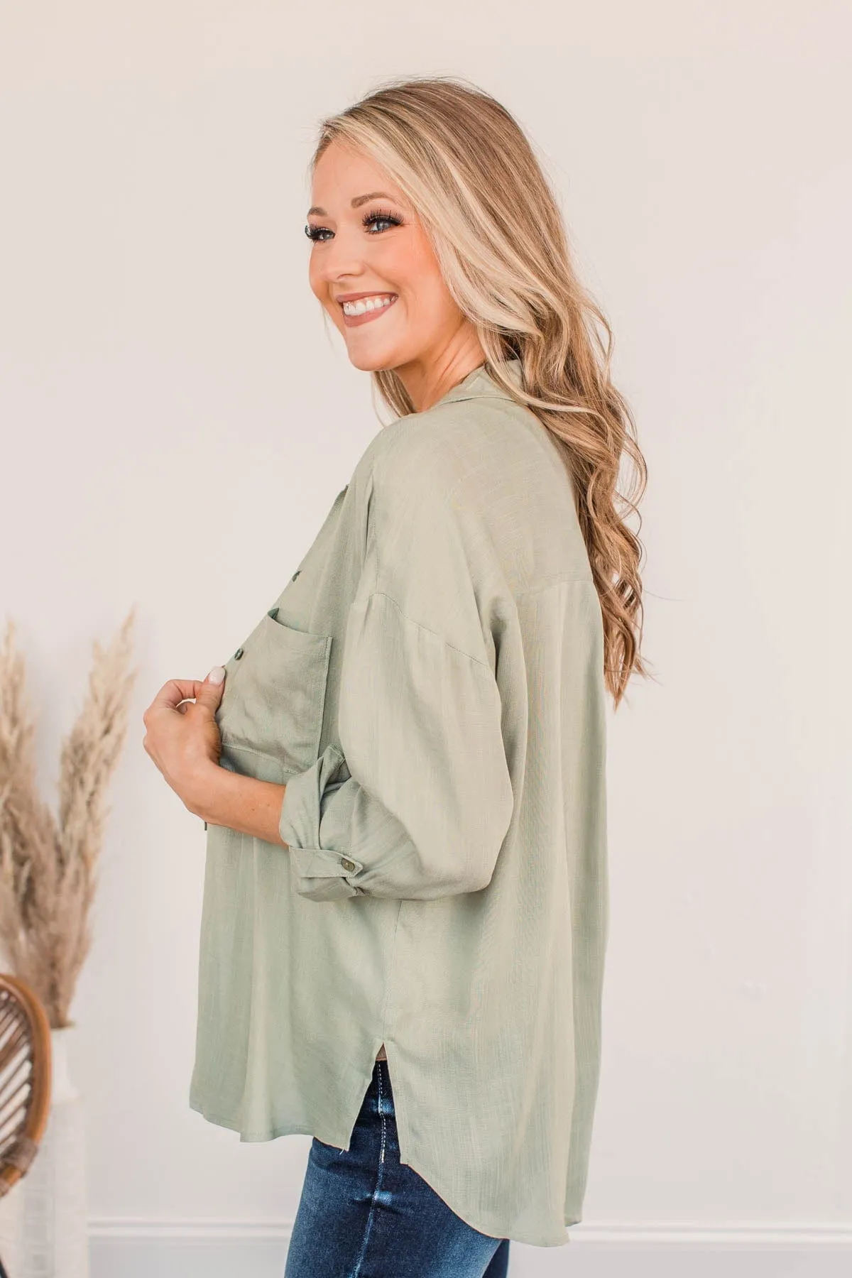 Stay In Touch Button Down Top- Sage