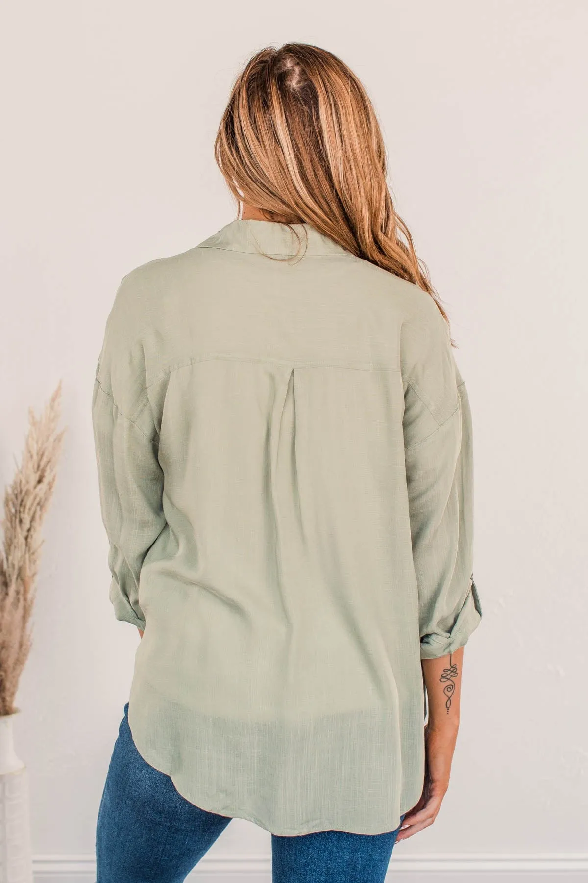 Stay In Touch Button Down Top- Sage