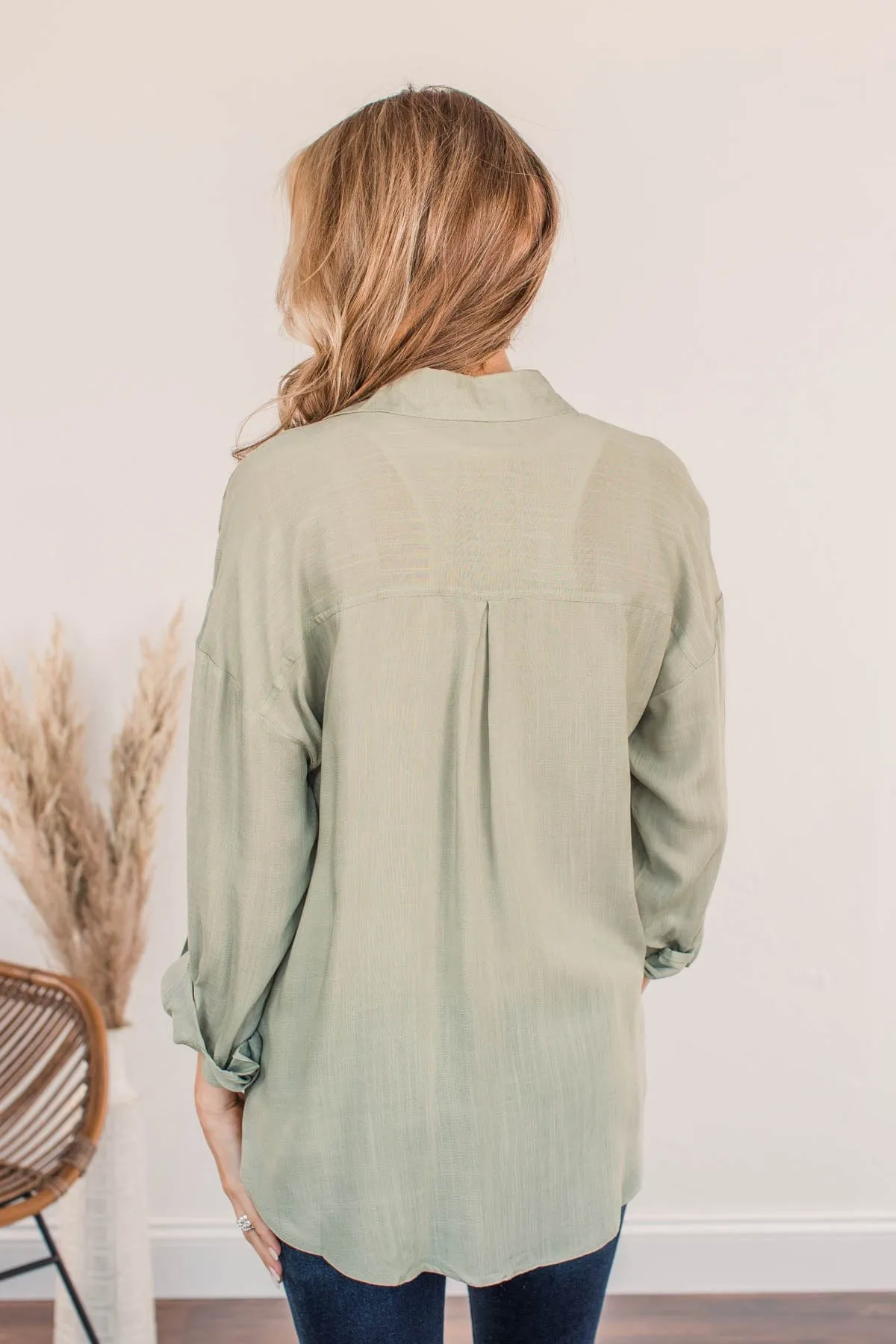 Stay In Touch Button Down Top- Sage