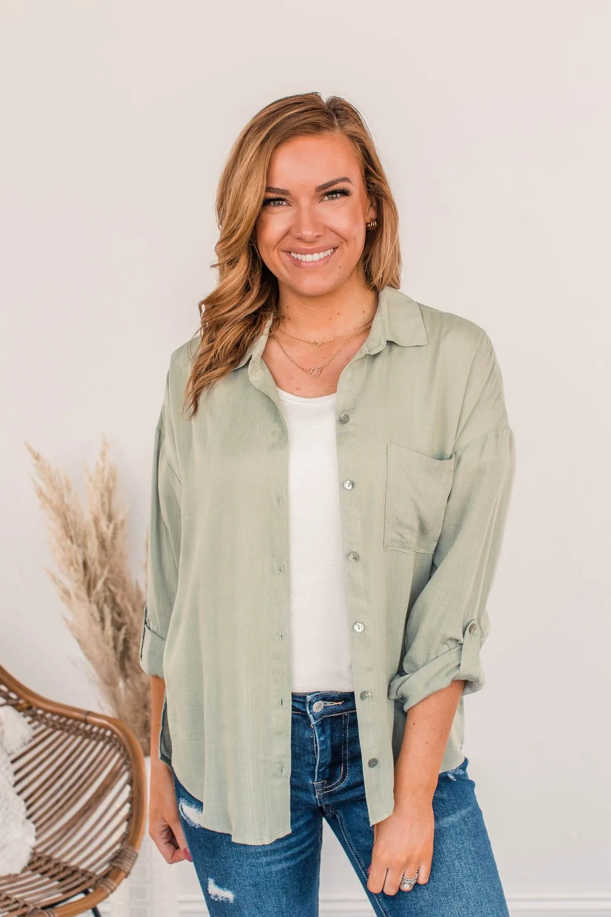 Stay In Touch Button Down Top- Sage