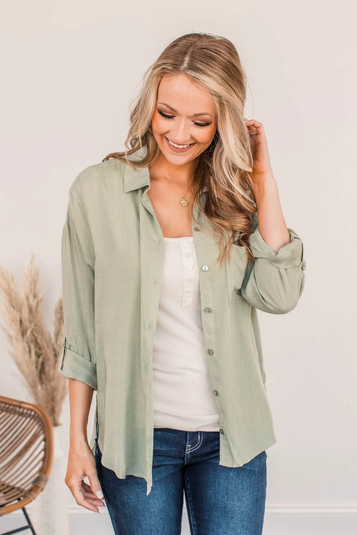 Stay In Touch Button Down Top- Sage