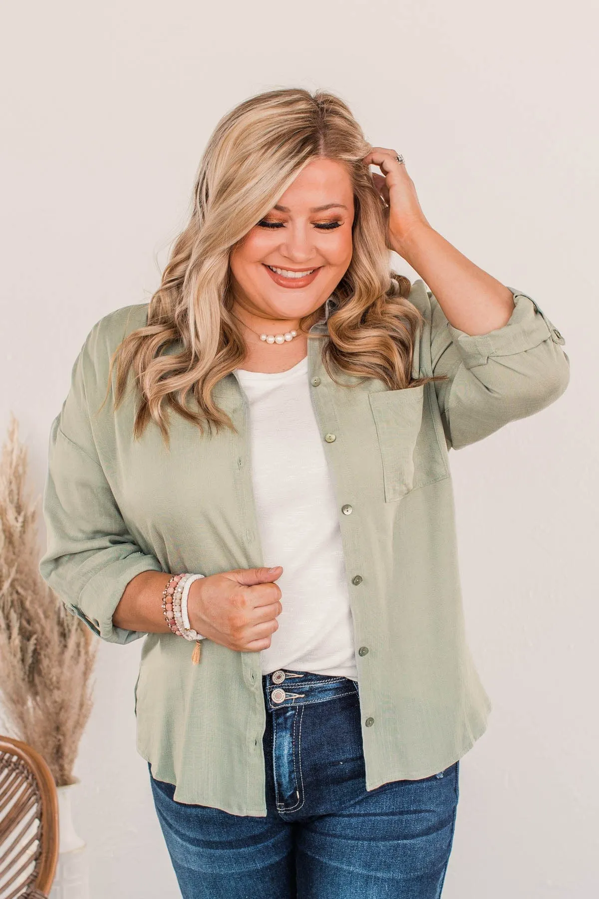 Stay In Touch Button Down Top- Sage