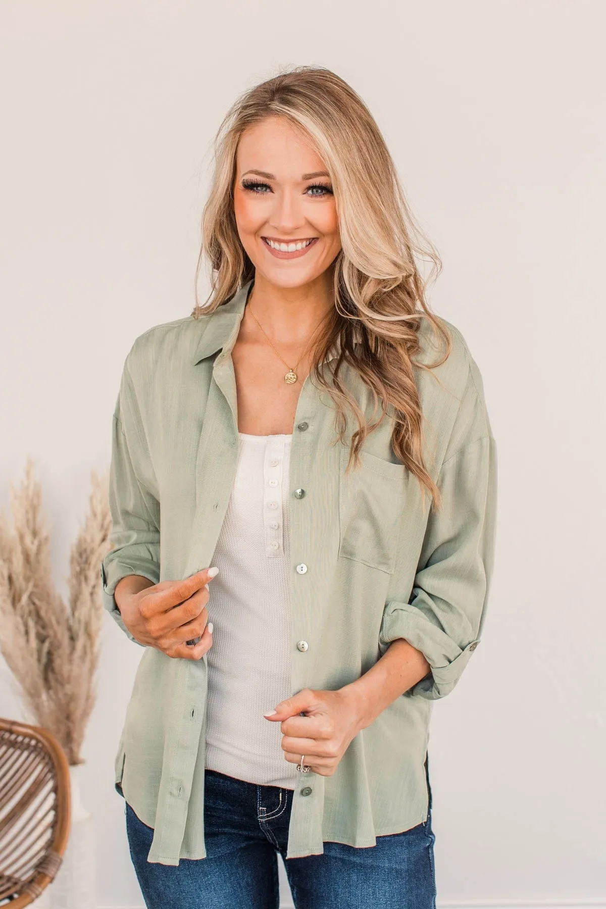 Stay In Touch Button Down Top- Sage