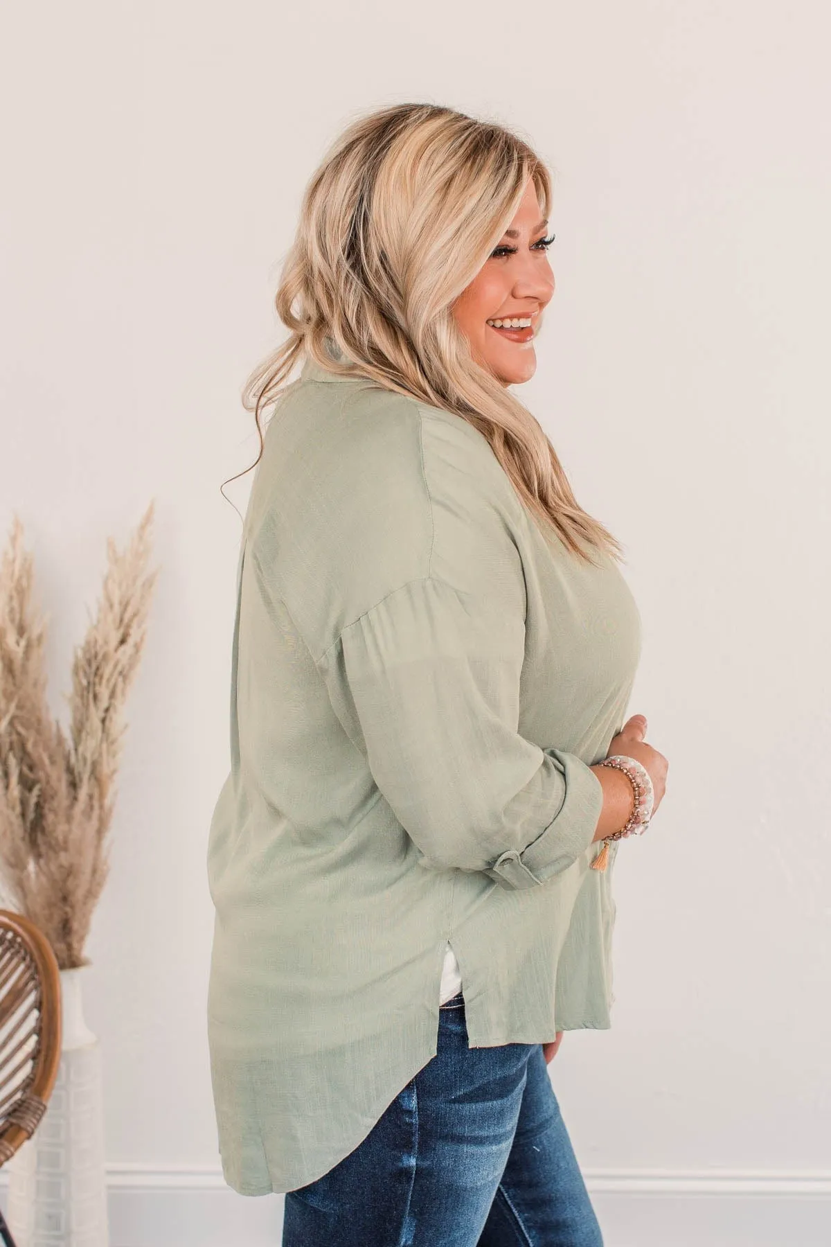 Stay In Touch Button Down Top- Sage