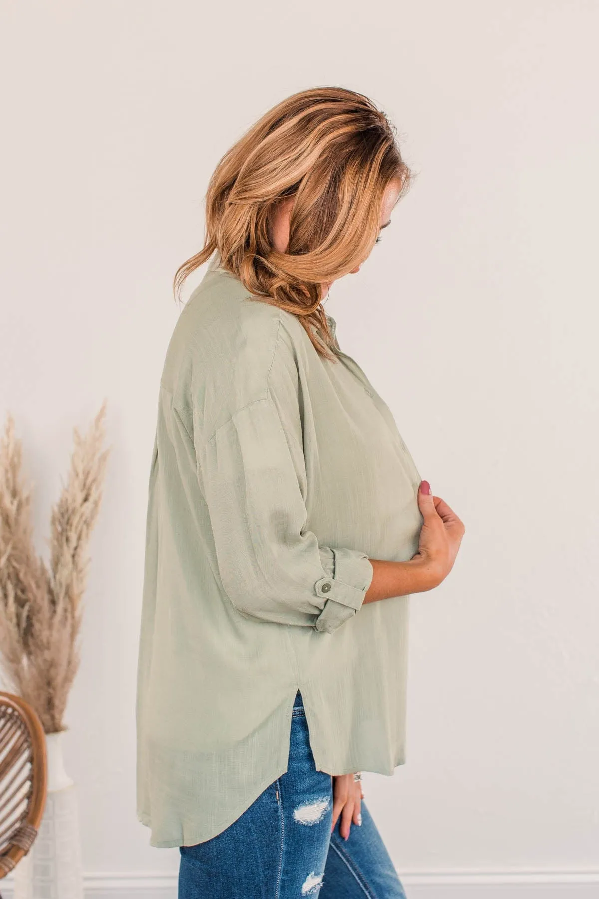 Stay In Touch Button Down Top- Sage