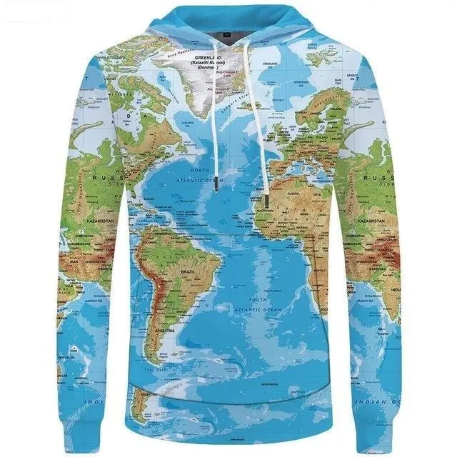 Sweat Earth Funny 3D Cool Anime World Map Hoodies Sweatshirts for Men