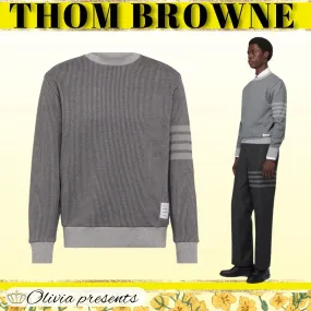 THOM BROWNE  |Crew Neck Pullovers Stripes Silk Long Sleeves Cotton Logo