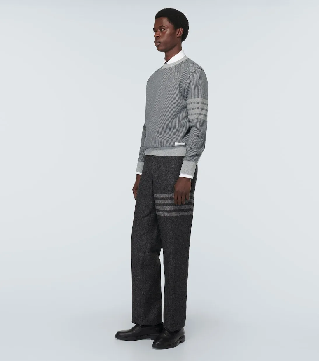 THOM BROWNE  |Crew Neck Pullovers Stripes Silk Long Sleeves Cotton Logo