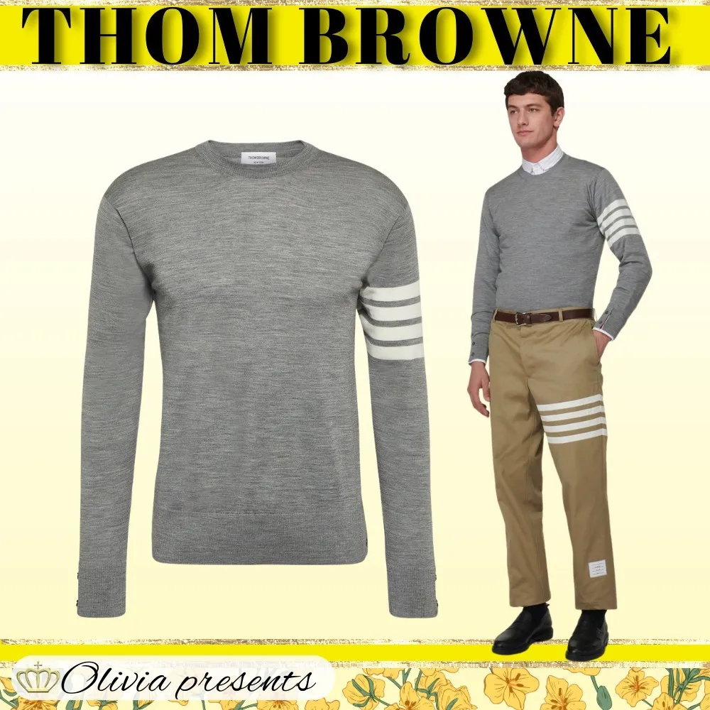 THOM BROWNE  |Crew Neck Pullovers Wool Long Sleeves Plain Logo Designers