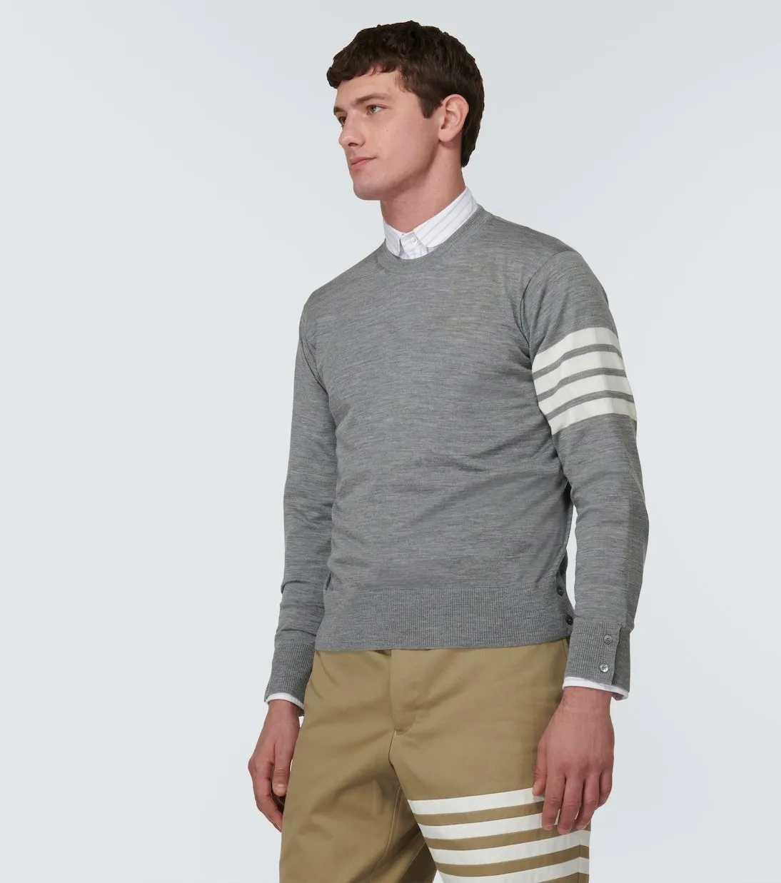 THOM BROWNE  |Crew Neck Pullovers Wool Long Sleeves Plain Logo Designers