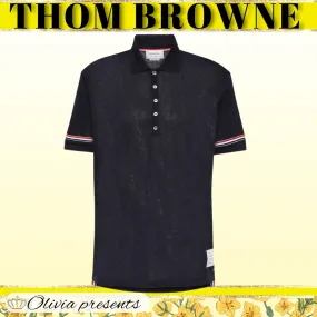 THOM BROWNE  |Pullovers Stripes Plain Cotton Short Sleeves Logo Designers