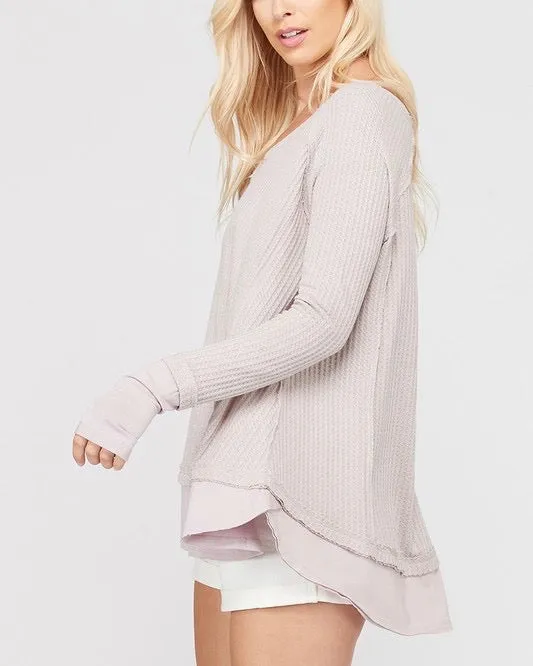 Thumb Hole Long Sleeve Layered V-Neck Waffle Knit Thermal Sweater Top in Lavender