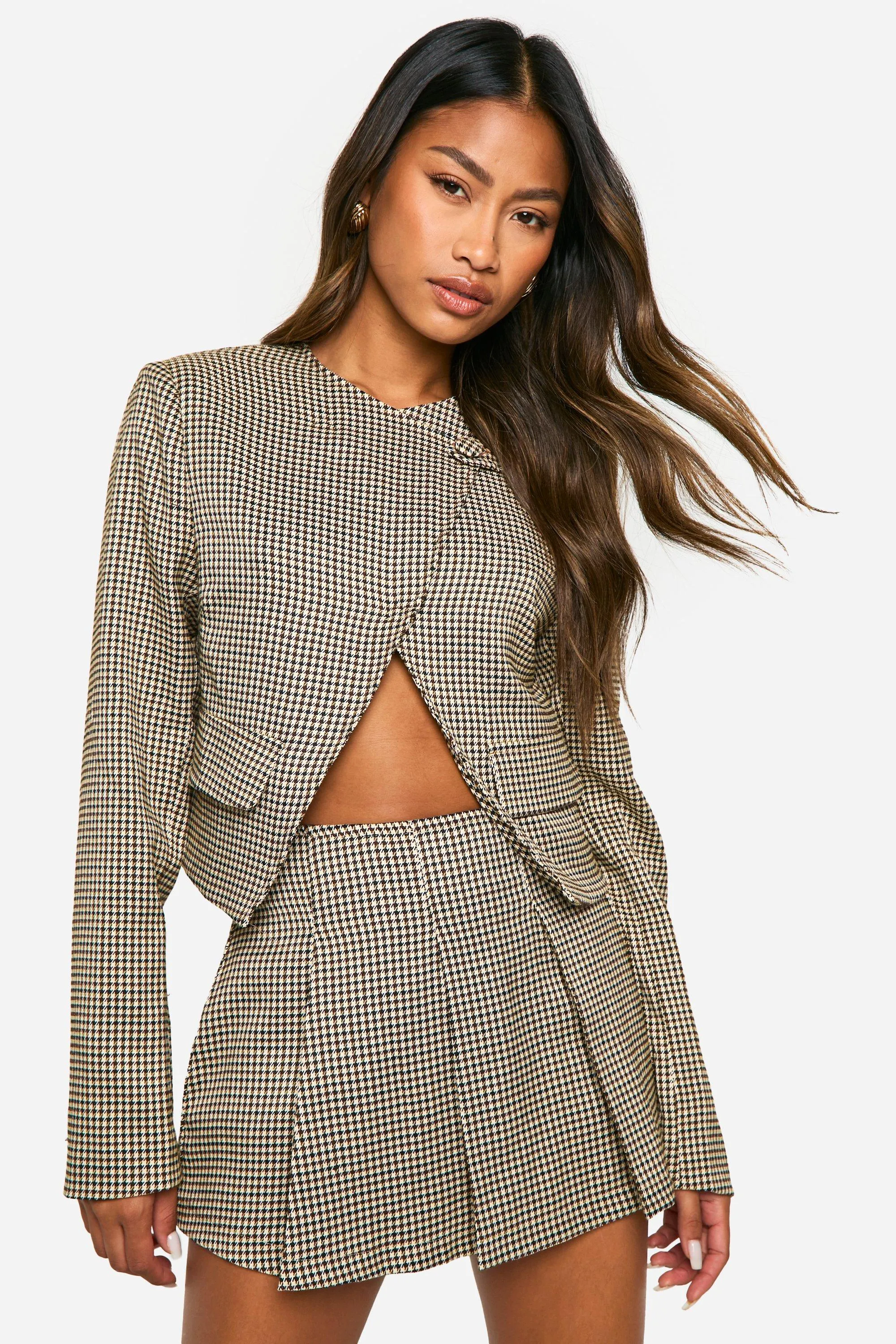 Tonal Mini Dogtooth Asymmetric Cropped Blazer