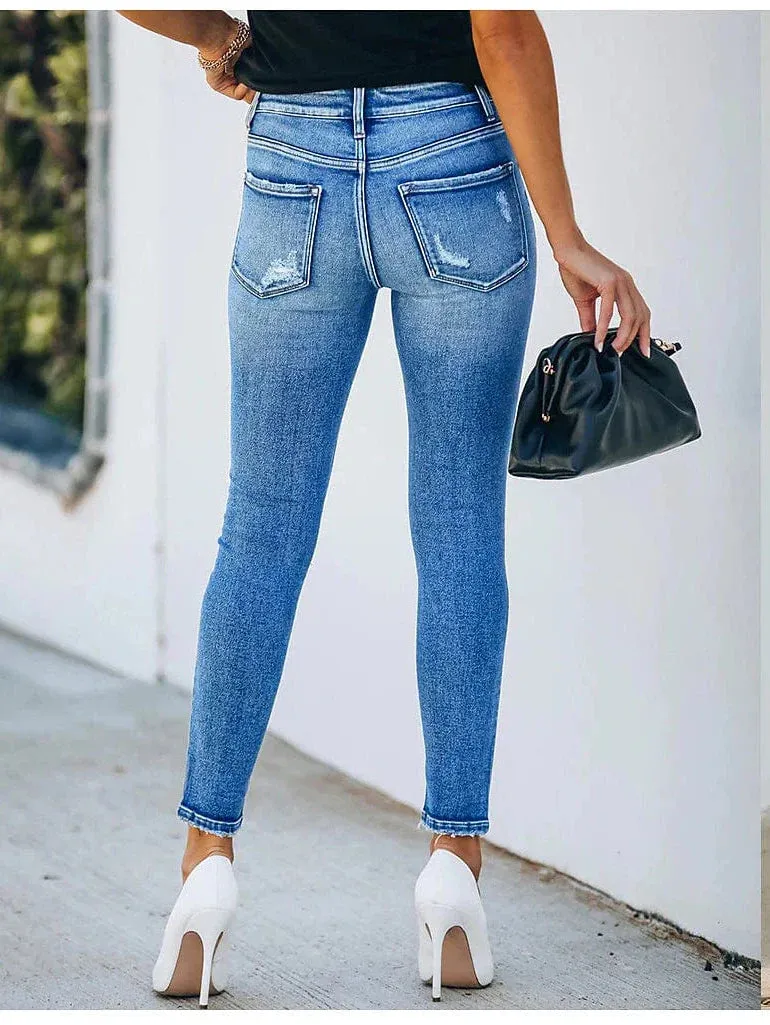 Trendy Light Blue Distressed Ankle-Length Jeans for Women