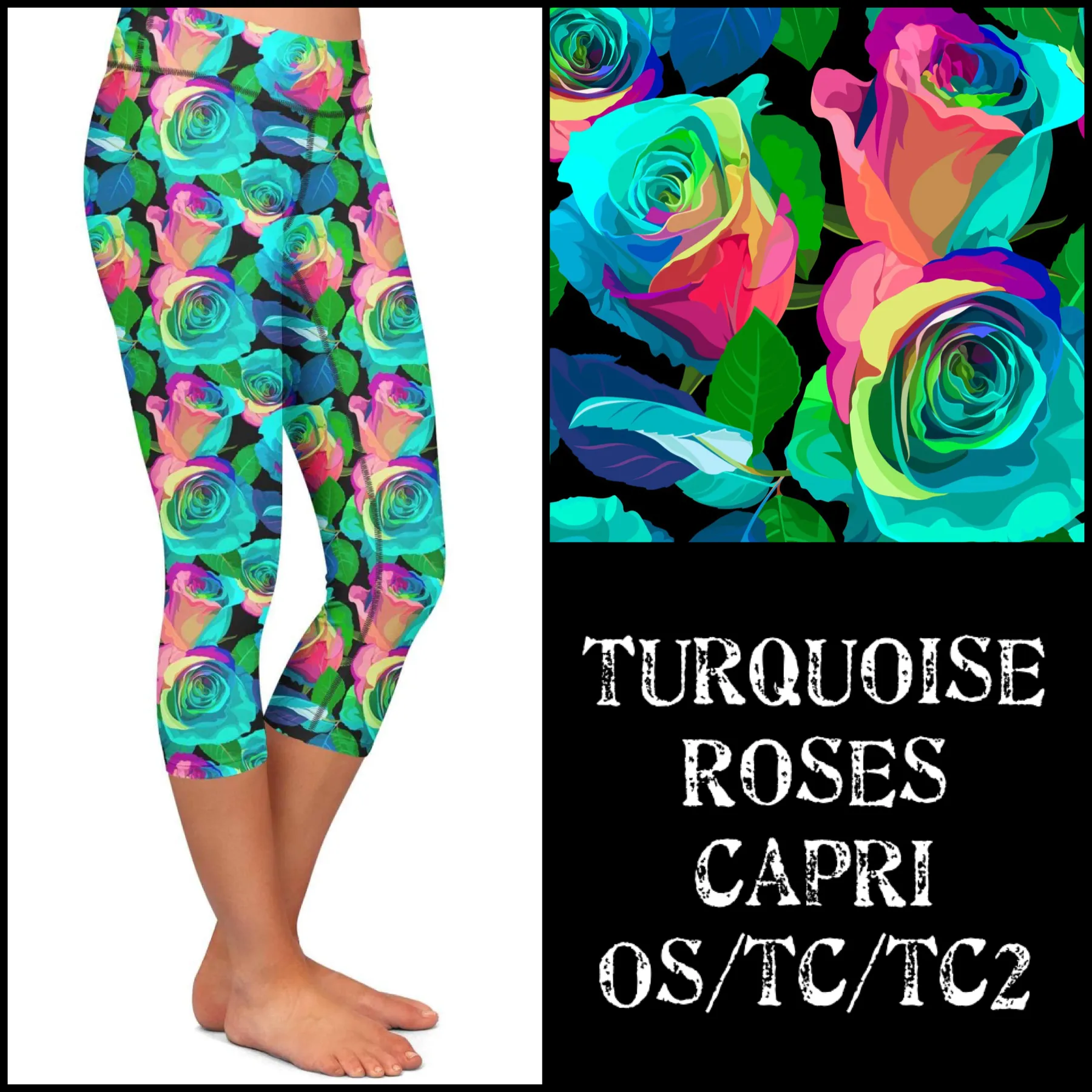 Turquoise Rainbow Roses Capri Soft Leggings