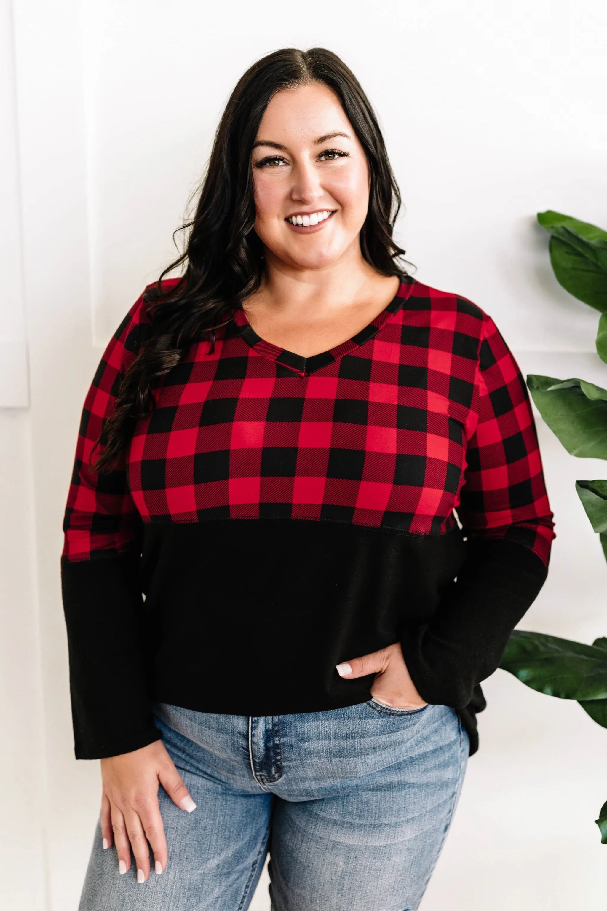 V Neck Buffalo Plaid Top In Red & Black