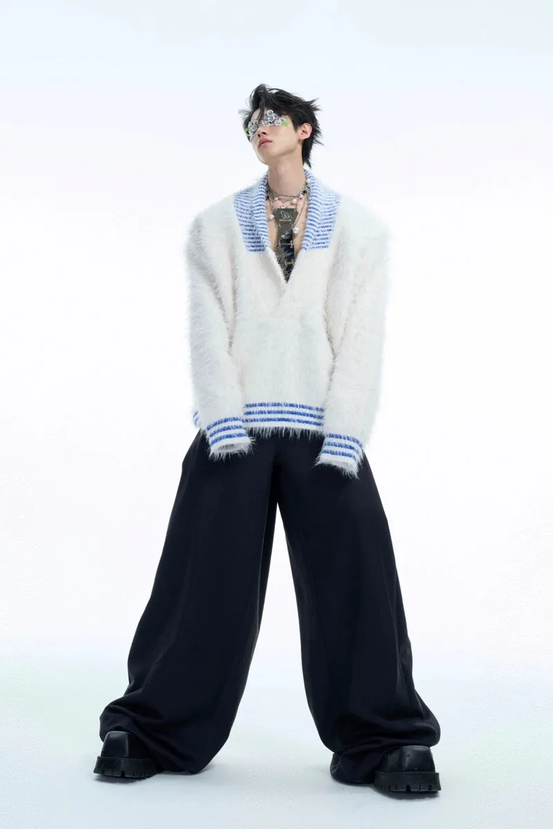 V-Neck Colorblock Fuzzy Knit Sweater