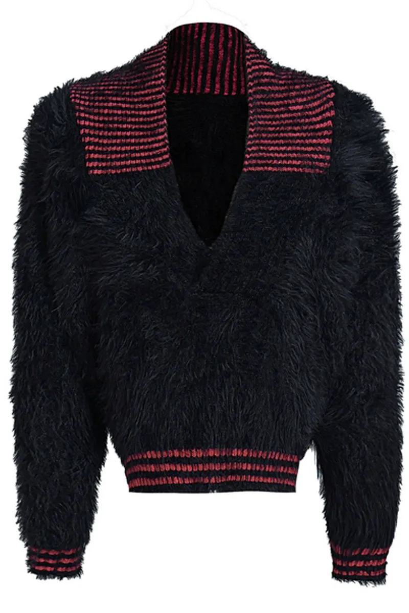 V-Neck Colorblock Fuzzy Knit Sweater