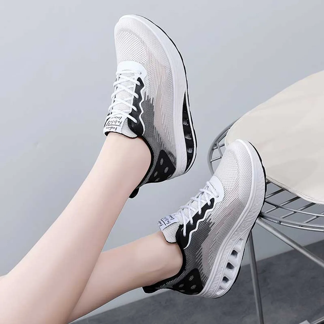 White black stripe texture rocker bottom shoe sneaker