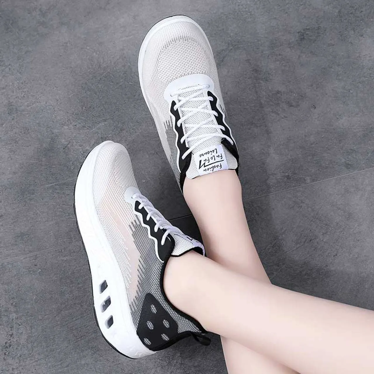 White black stripe texture rocker bottom shoe sneaker