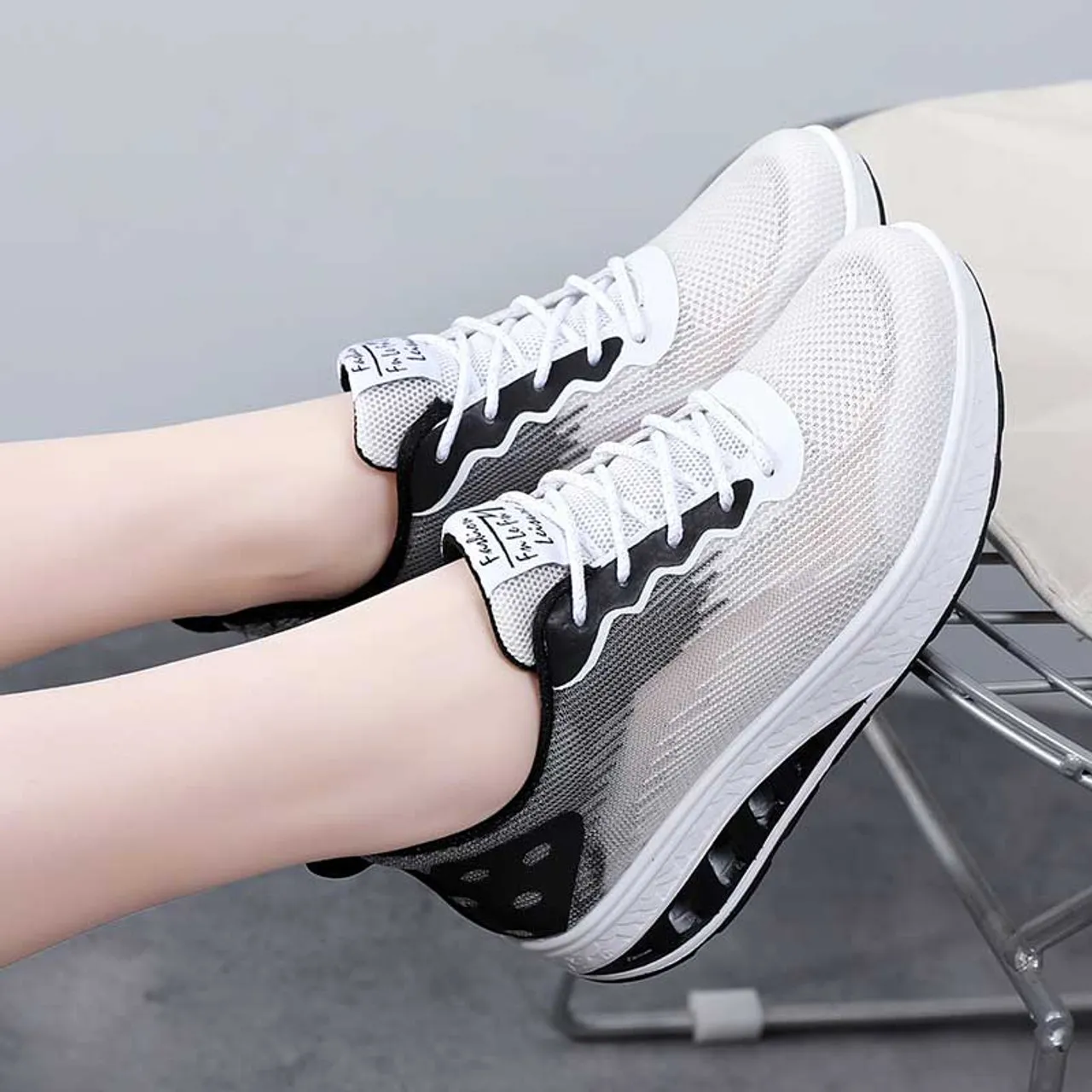 White black stripe texture rocker bottom shoe sneaker