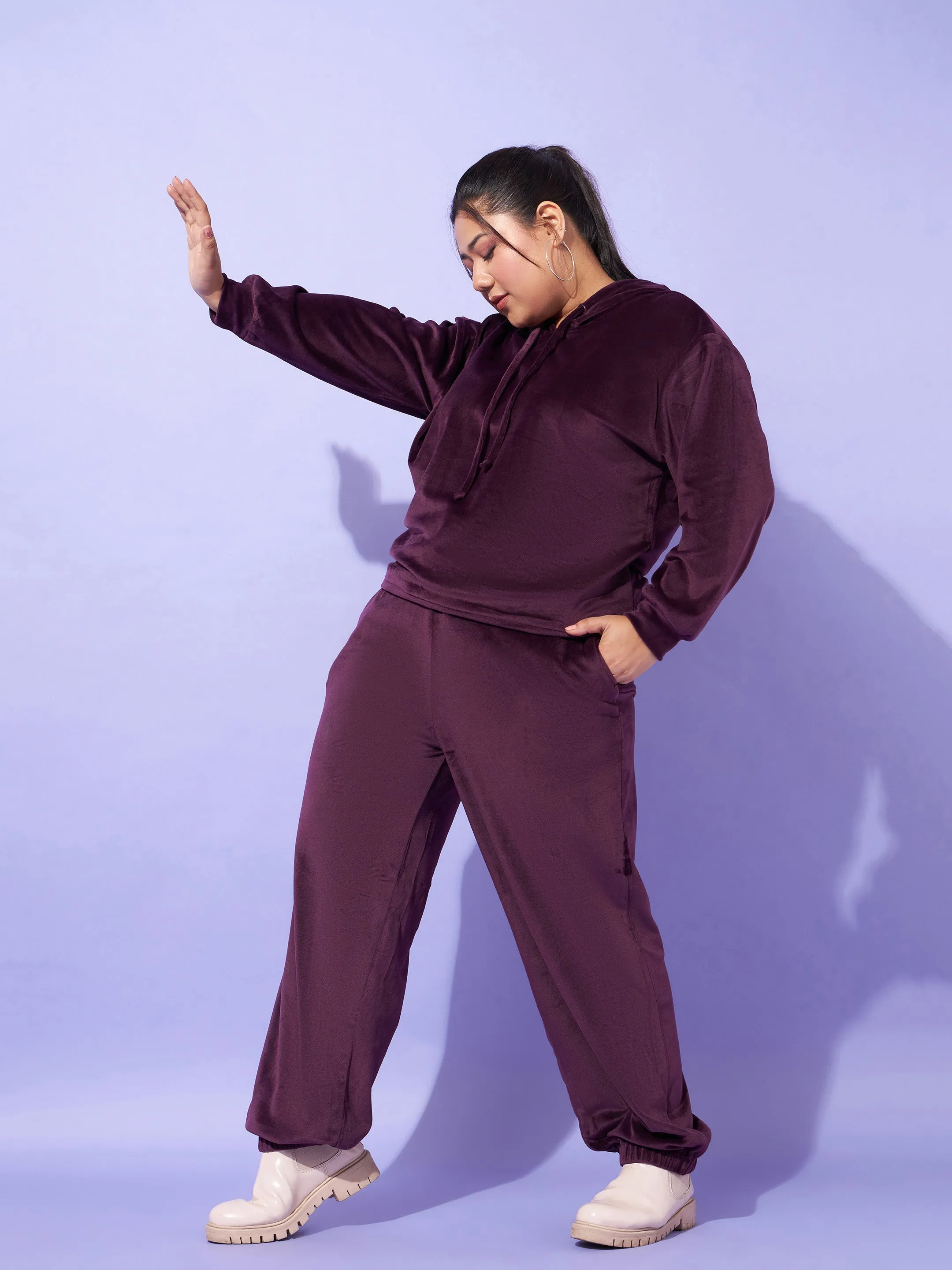 Women Burgundy Velour Hoodie With Joggers