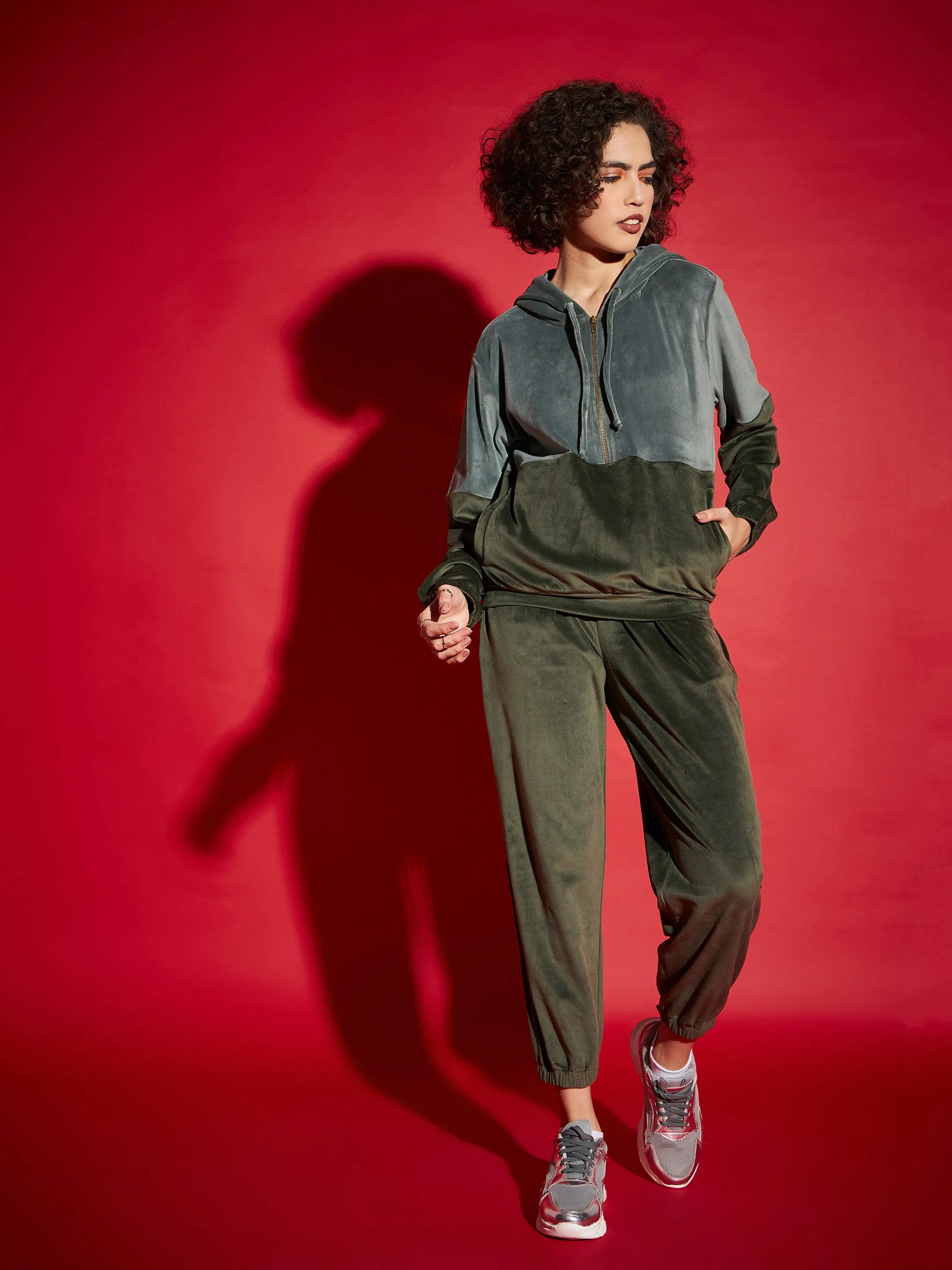 Women Green Velour Colour Block Hoodie With Joggers