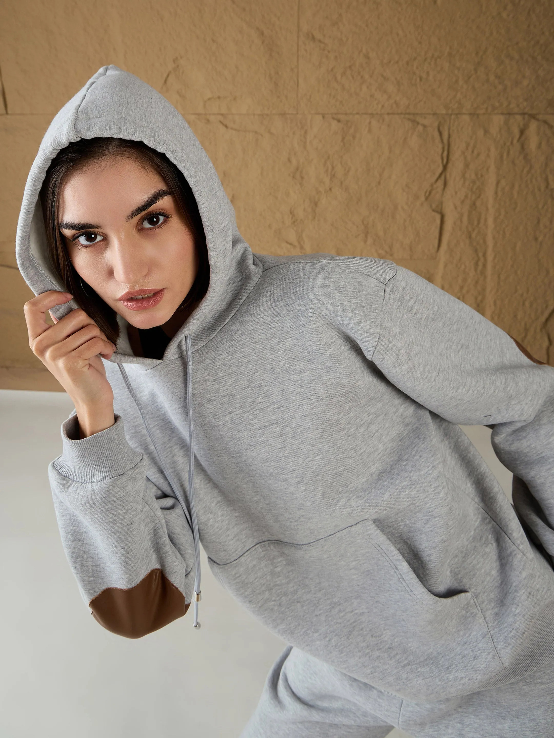 Women Grey Melange Fleece Oversized Hoodie