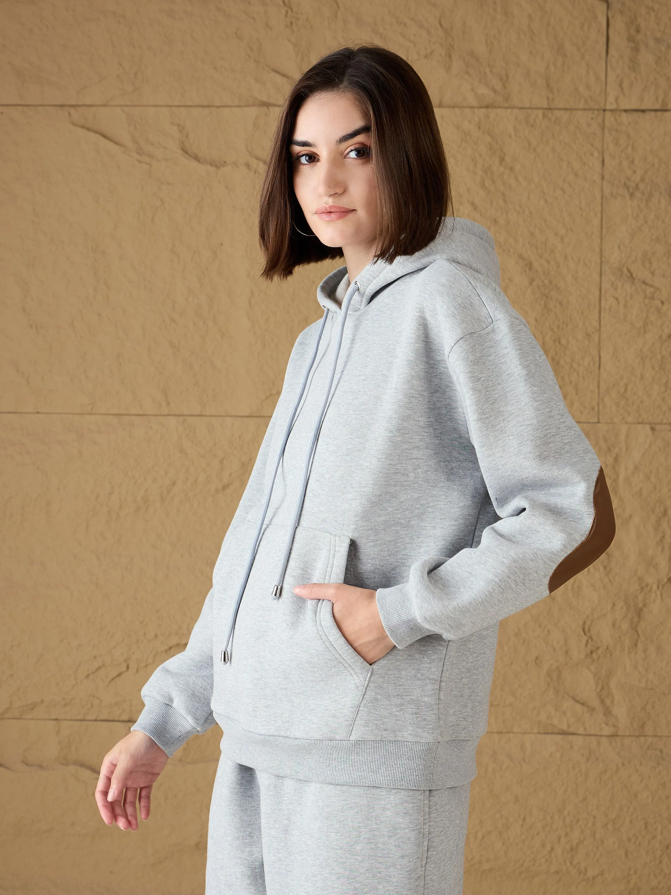 Women Grey Melange Fleece Oversized Hoodie