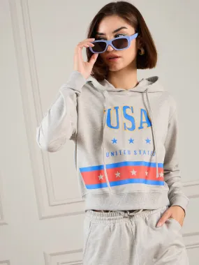 Women Grey Melange Terry USA Crop Hoodie