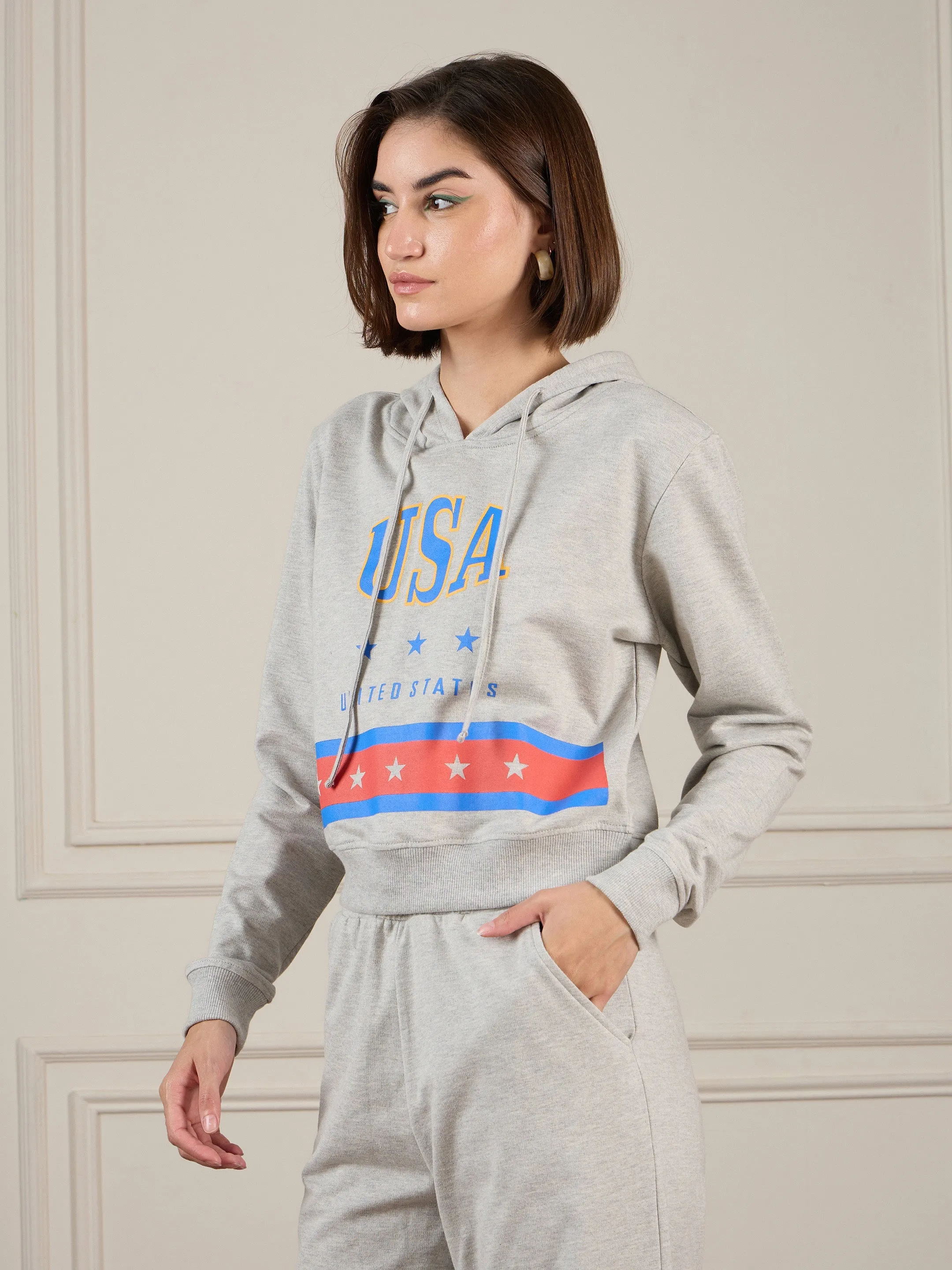 Women Grey Melange Terry USA Crop Hoodie