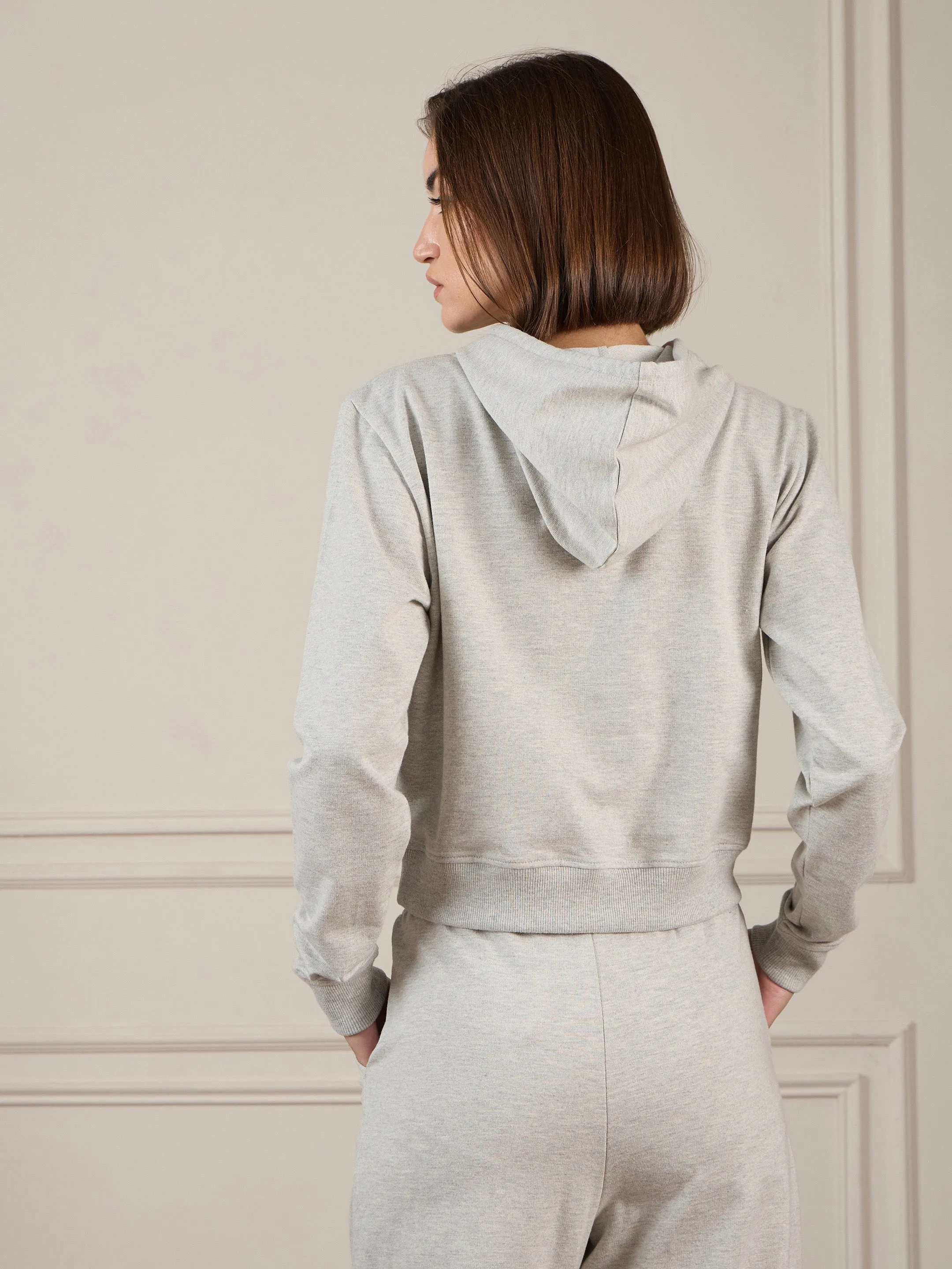 Women Grey Melange Terry USA Crop Hoodie