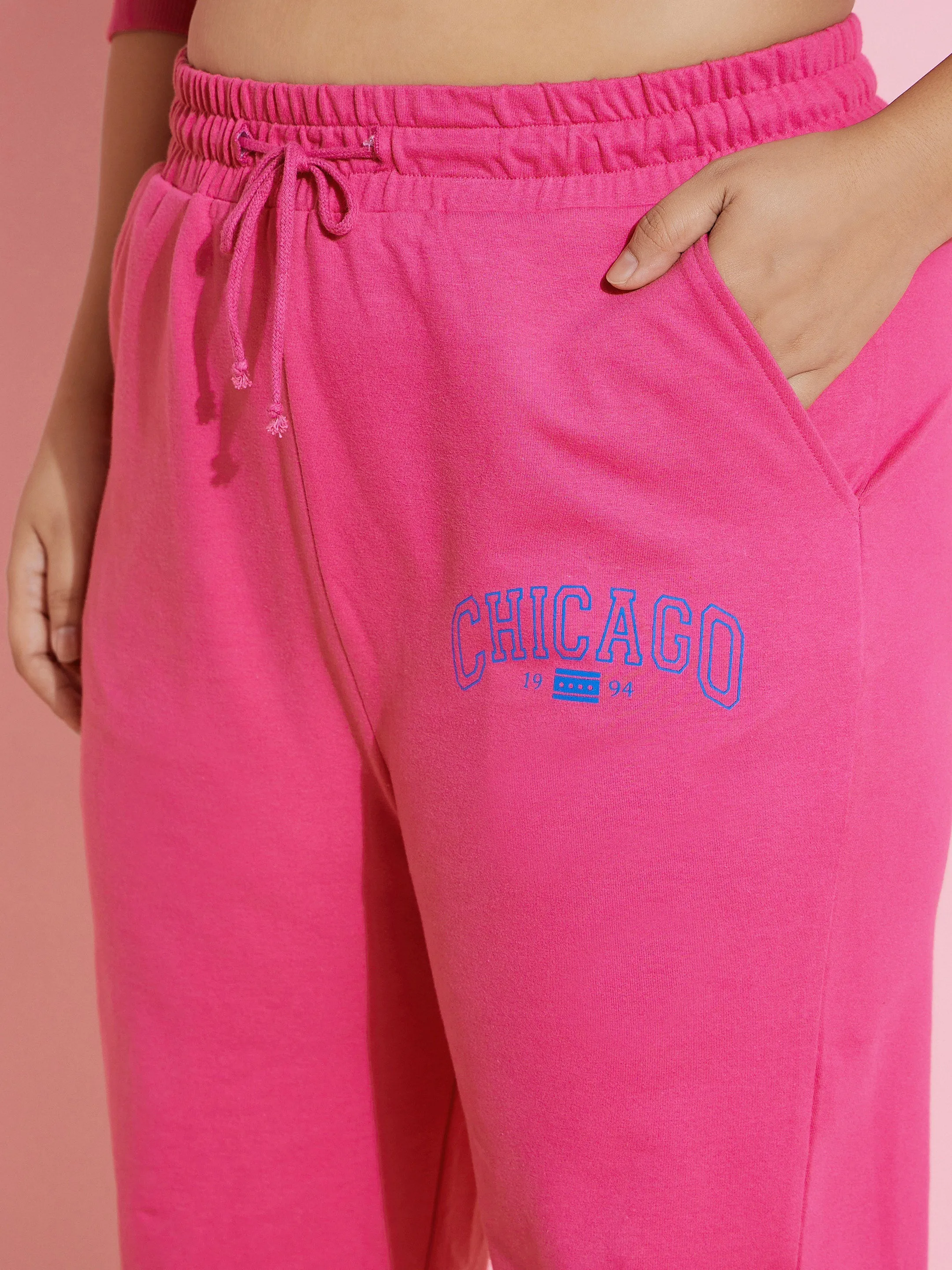 Women Pink CHICAGO Terry Hoodie With Joggers