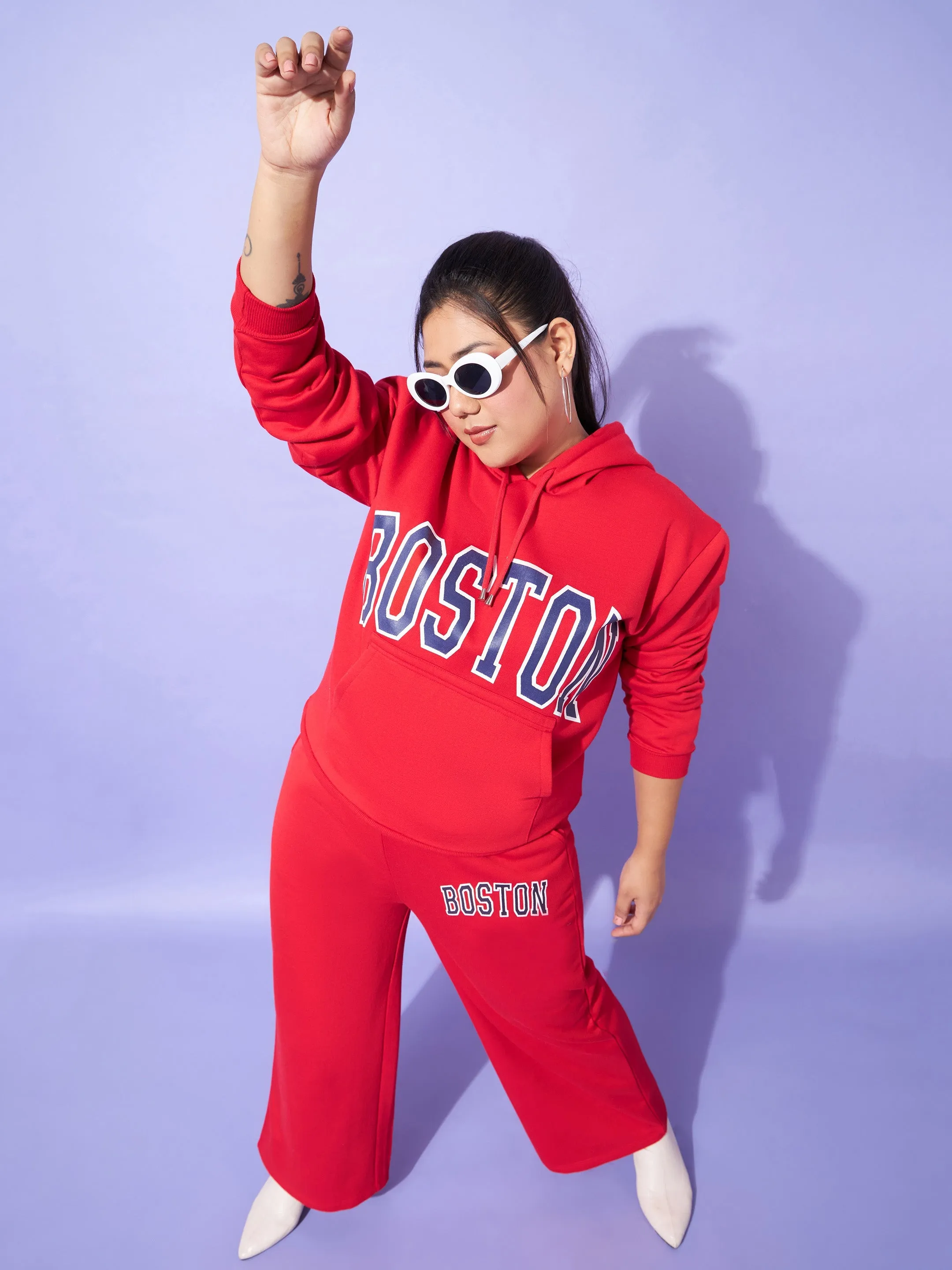 Women Red Fleece BOSTON Hoodie With Track Pants