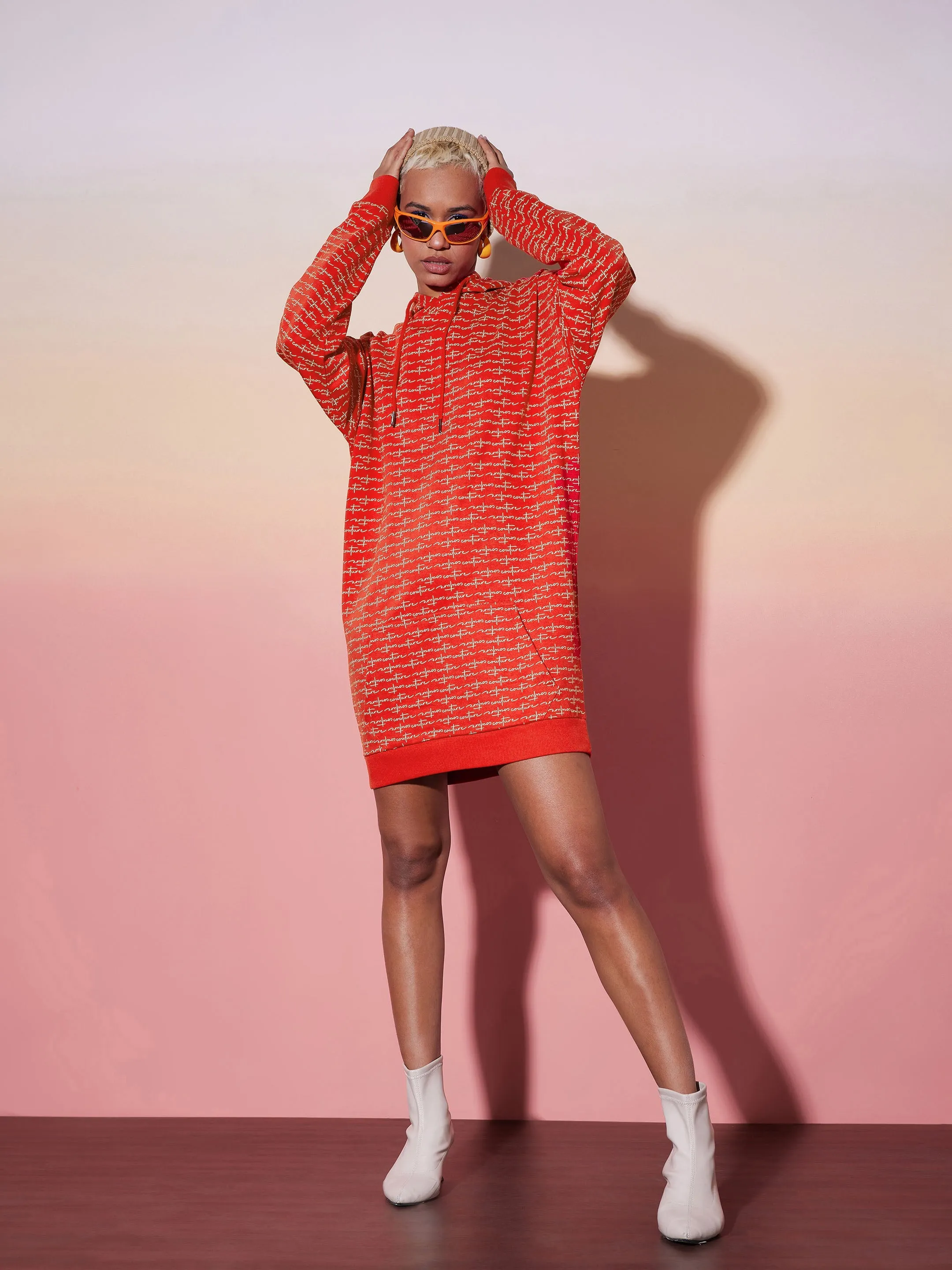 Women Red Terry Oversized Hoodie Dress