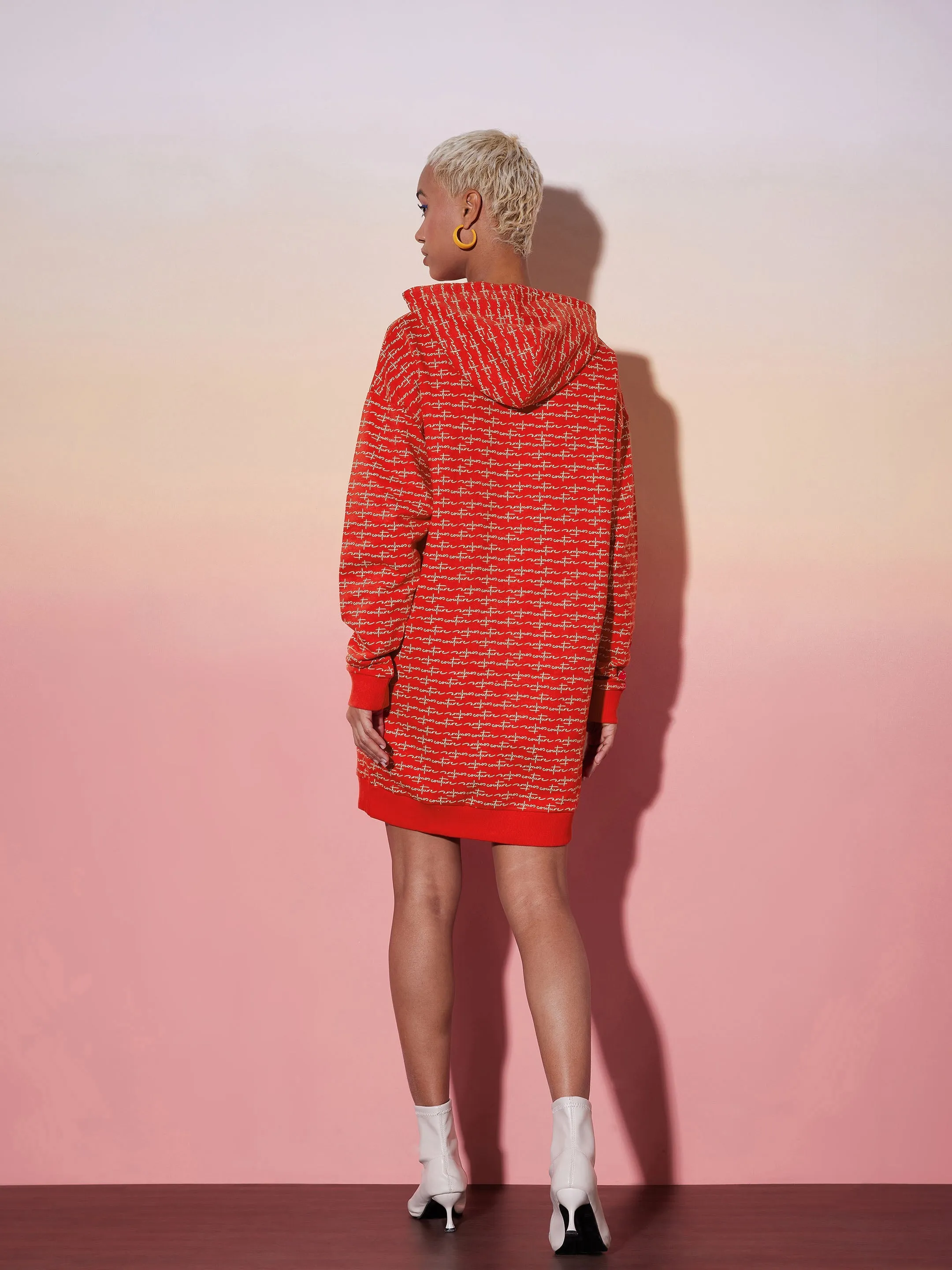 Women Red Terry Oversized Hoodie Dress