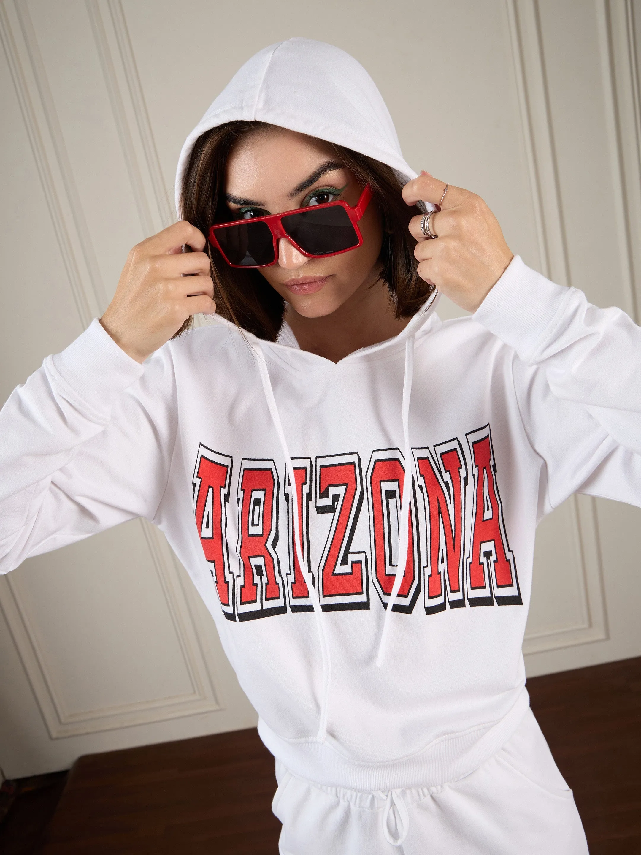 Women White Terry ARIZONA Crop Hoodie