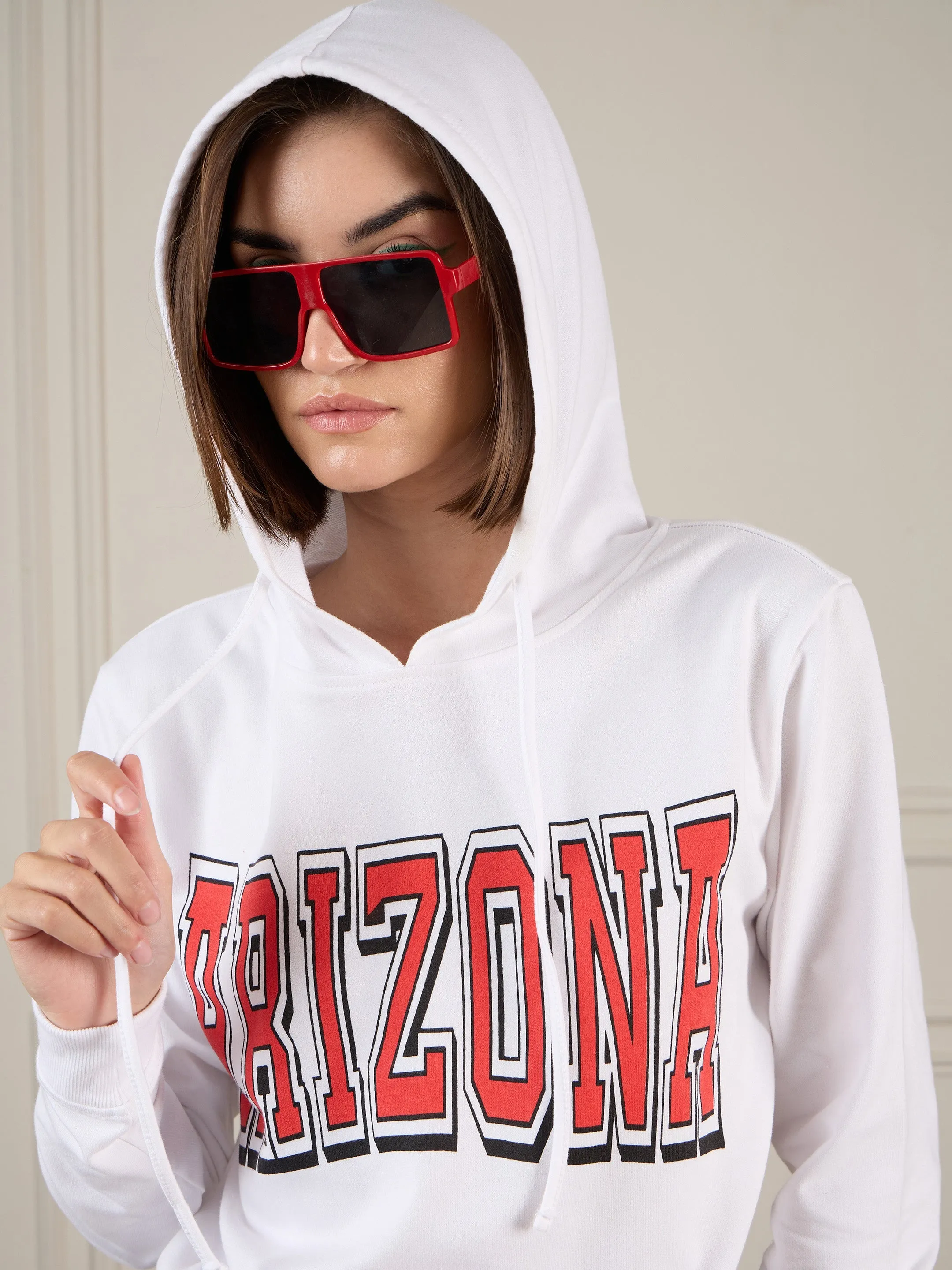 Women White Terry ARIZONA Crop Hoodie