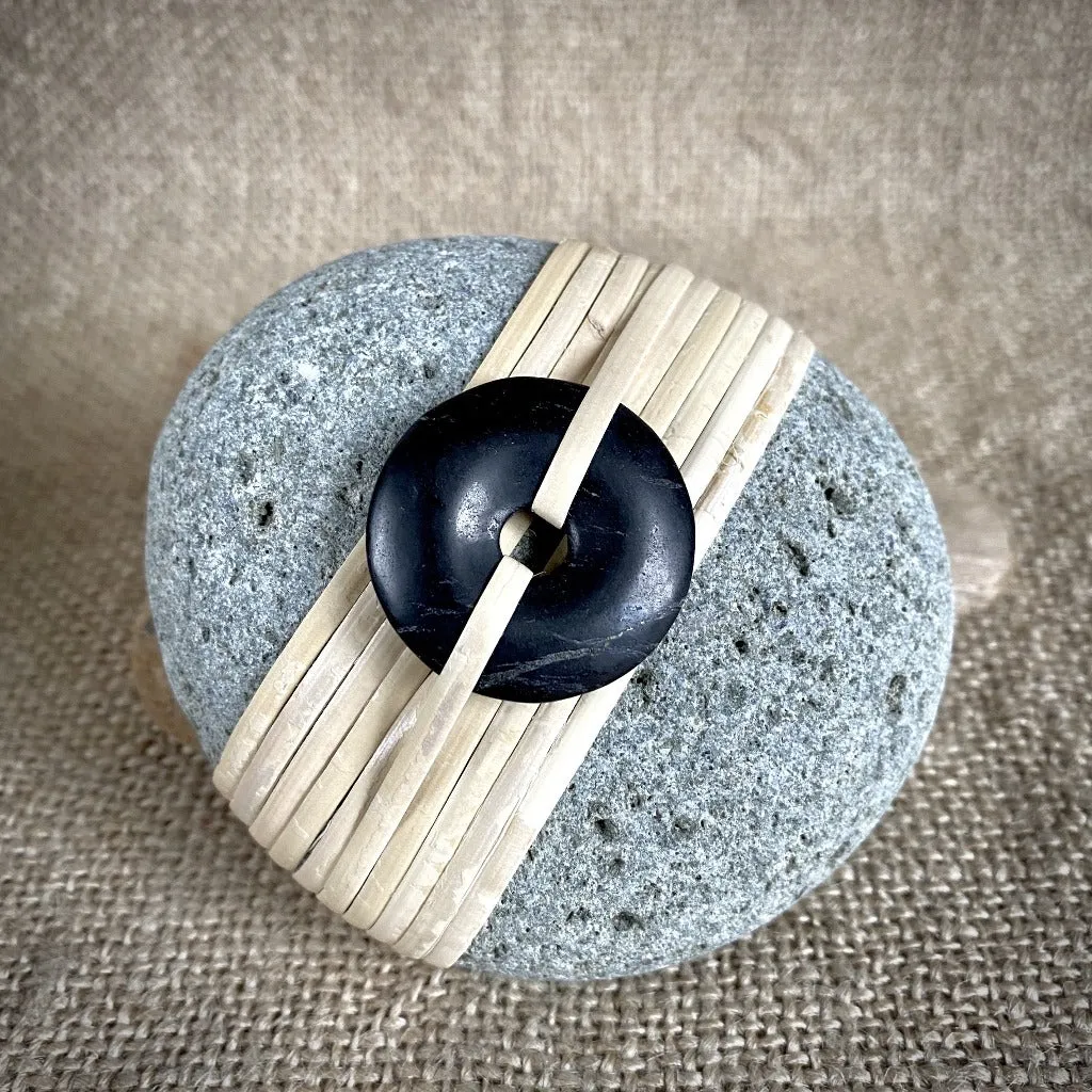 Wrapped Rock, Shungite Donut, Natural Cane, Gray, Pitted Texture