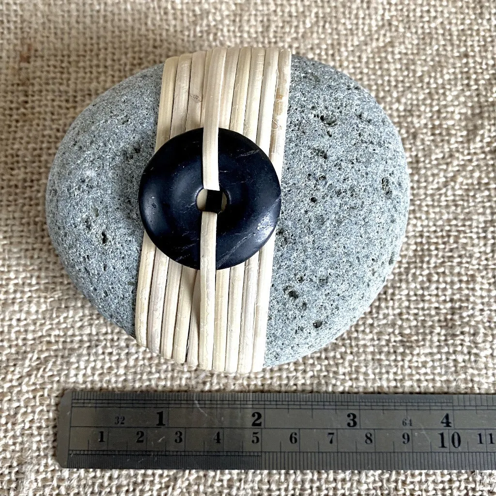 Wrapped Rock, Shungite Donut, Natural Cane, Gray, Pitted Texture