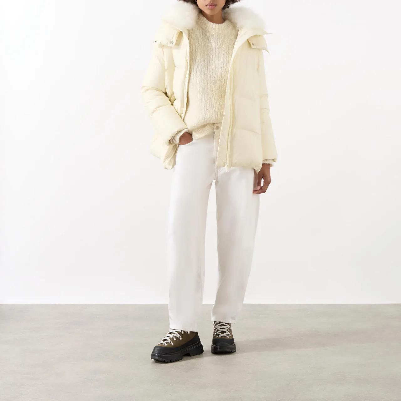 YVES SALOMON A-Line Shearling Down Jacket - Cream