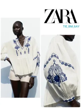 ZARA  |Casual Style Linen Long Sleeves Cotton Elegant Style