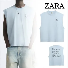 ZARA  |Crew Neck Pullovers Sleeveless U-Neck Plain Cotton Logo